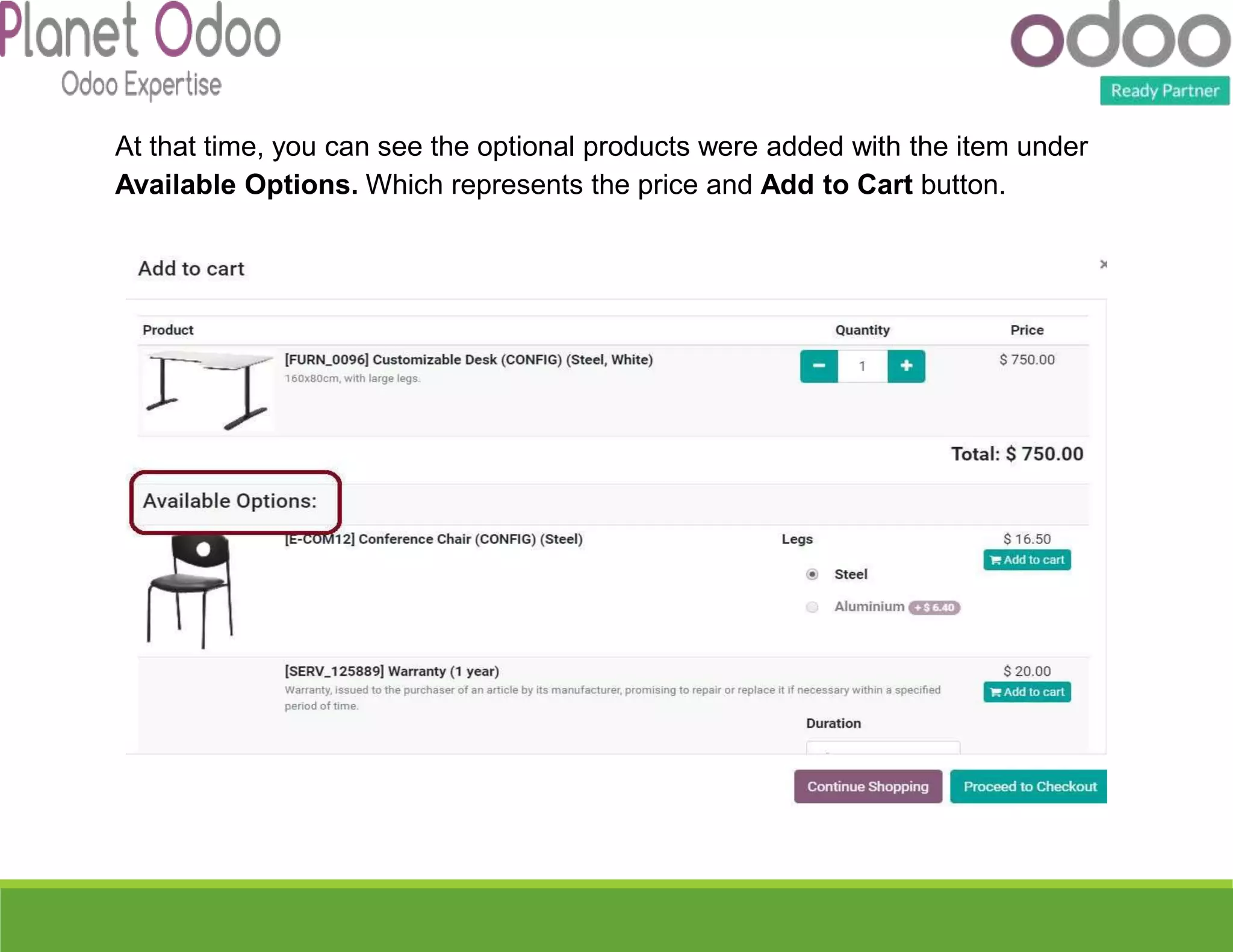 At that time, you can see the optional products were added with the item under
Available Options. Which represents the price and Add to Cart button.
 