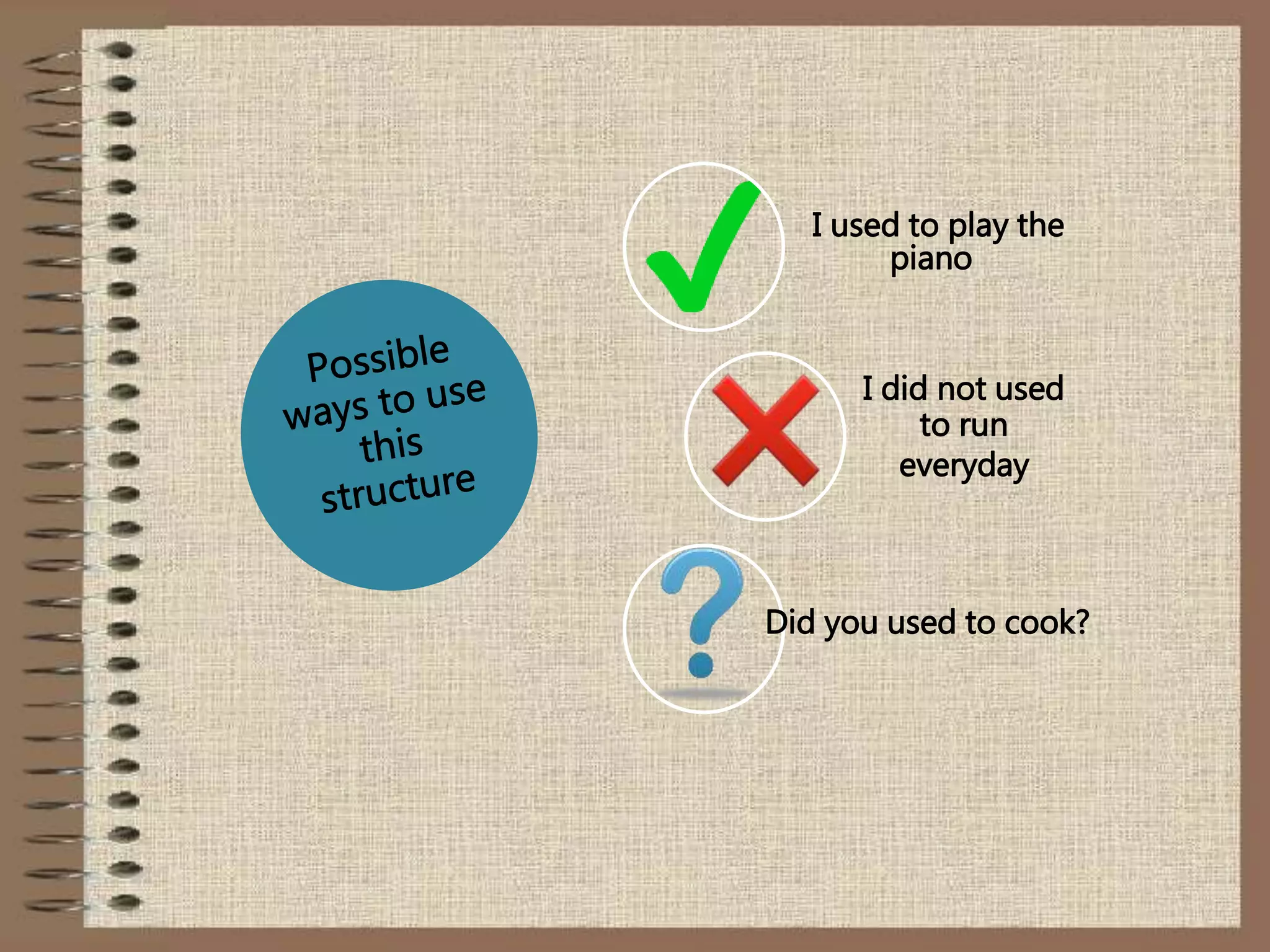 I used to play the
piano
I did not used
to run
everyday
Did you used to cook?