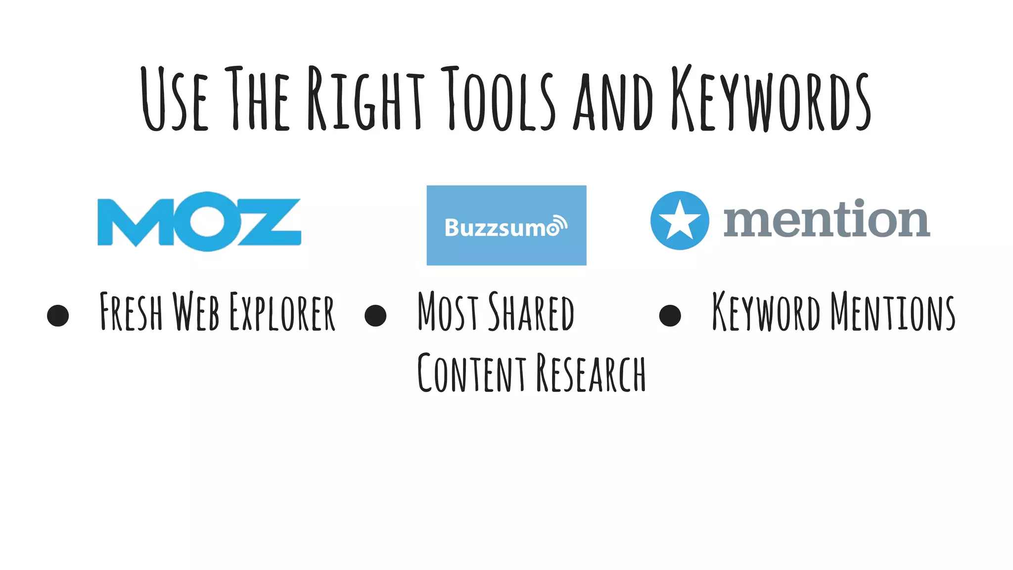 UseTheRightToolsandKeywords
● FreshWebExplorer ● MostShared
ContentResearch
● KeywordMentions
 