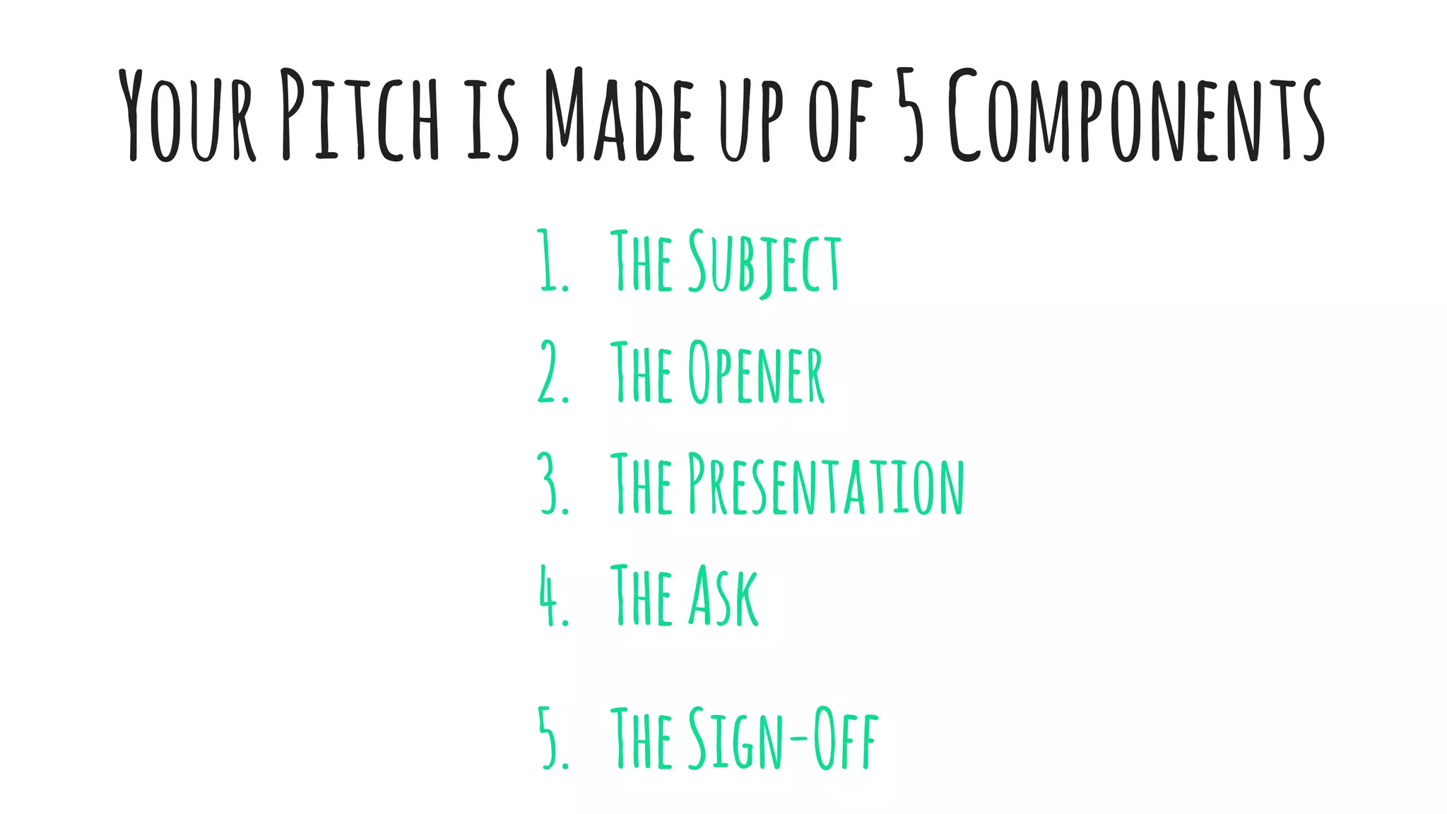YourPitchisMadeupof5Components
1. TheSubject
2. TheOpener
3. ThePresentation
4. TheAsk
5. TheSign-Off
 
