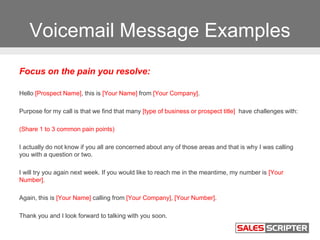 Voicemail Message Examples
Focus on the pain you resolve:
Hello [Prospect Name], this is [Your Name] from [Your Company].
...