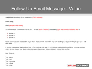 Follow-Up Email Message - Value
Subject line: Following up my voicemail – [Your Company]
Email body:
Hello [Prospect First...