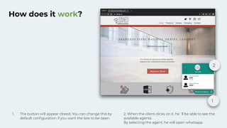 How does it work?
1
2
1. The button will appear closed. You can change this by
default conﬁguration if you want the box to be open.
2. When the client clicks on it, he´ll be able to see the
available agents.
By selecting the agent, he will open whatsapp
 