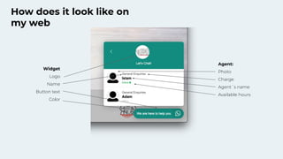 How does it look like on
my web
Agent:
Photo
Charge
Agent´s name
Available hours
Widget
Logo
Name
Button text
Color
 