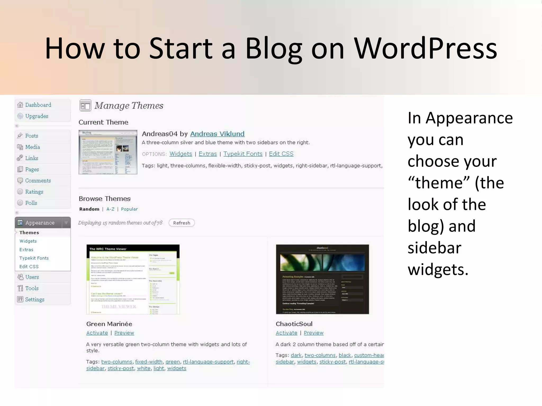 How to Start a Blog on WordPressIn Appearance you can choose your “theme” (the look of the blog) and sidebar widgets.