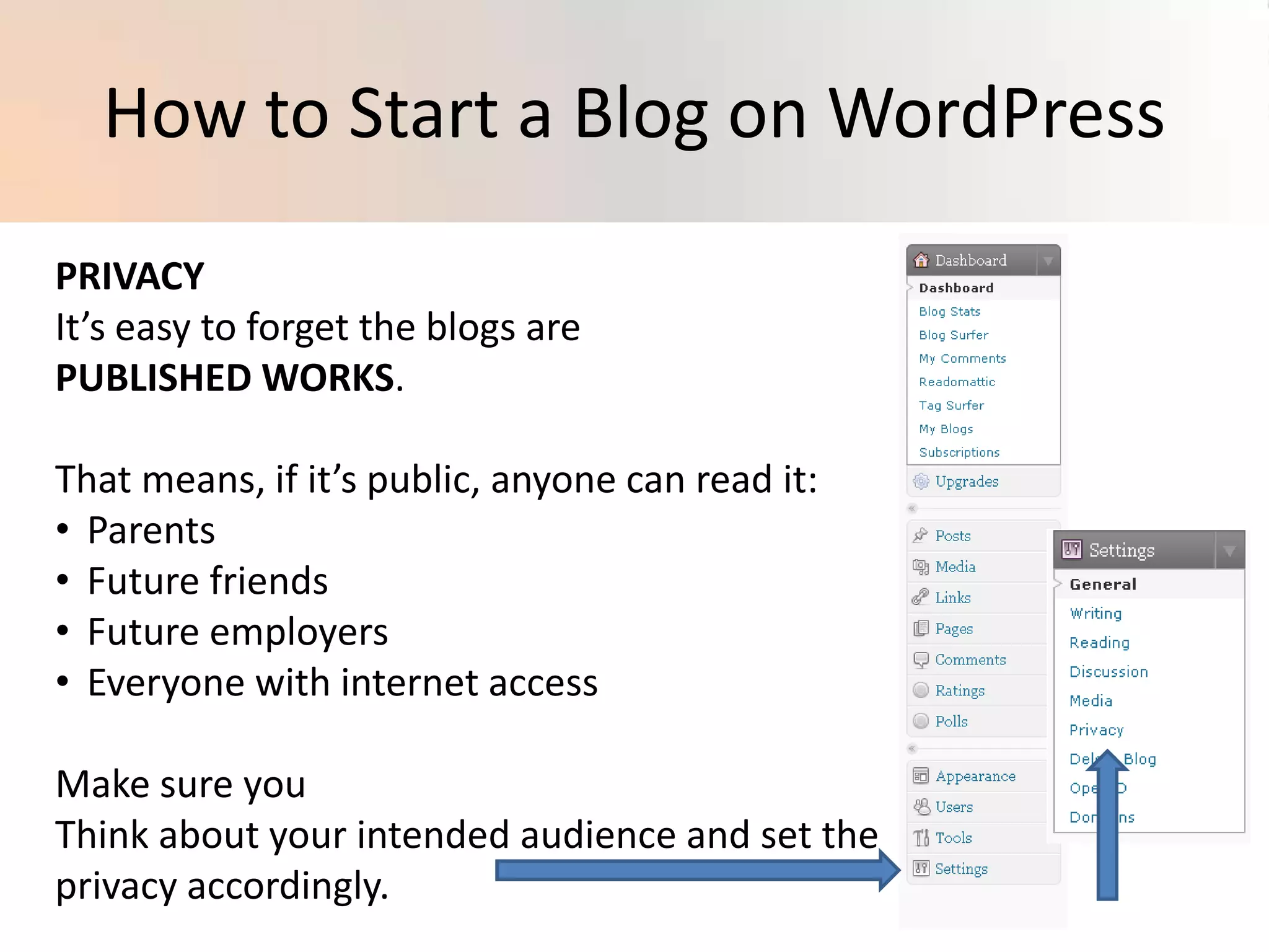 How to Start a Blog on WordPressPRIVACYIt’s easy to forget the blogs are PUBLISHED WORKS.That means, if it’s public, anyone can read it:Parents