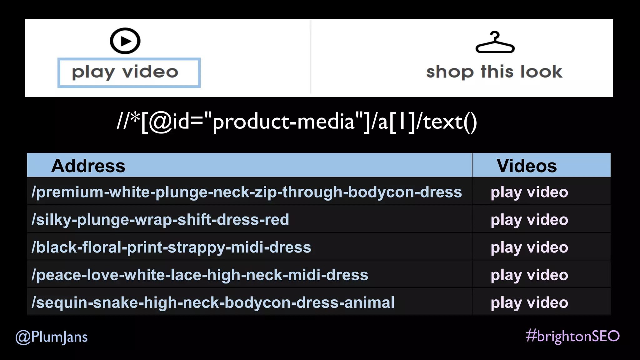 #brightonSEO@PlumJans
//*[@id="product-media"]/a[1]/text()
Address Videos
/premium-white-plunge-neck-zip-through-bodycon-dress play video
/silky-plunge-wrap-shift-dress-red play video
/black-floral-print-strappy-midi-dress play video
/peace-love-white-lace-high-neck-midi-dress play video
/sequin-snake-high-neck-bodycon-dress-animal play video
 