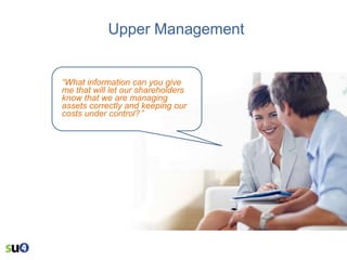 Upper Management

“What information can you give
me that will let our shareholders
know that we are managing
assets correctly and keeping our
costs under control?”

 