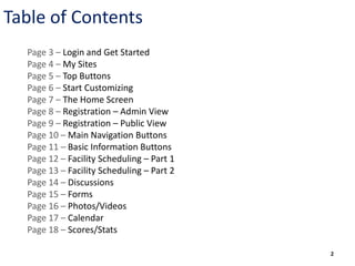Table of Contents
  Page 3 – Login and Get Started
  Page 4 – My Sites
  Page 5 – Top Buttons
  Page 6 – Start Customizing
  Page 7 – The Home Screen
  Page 8 – Registration – Admin View
  Page 9 – Registration – Public View
  Page 10 – Main Navigation Buttons
  Page 11 – Basic Information Buttons
  Page 12 – Facility Scheduling – Part 1
  Page 13 – Facility Scheduling – Part 2
  Page 14 – Discussions
  Page 15 – Forms
  Page 16 – Photos/Videos
  Page 17 – Calendar
  Page 18 – Scores/Stats

                                           2
 