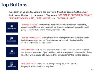 Top Buttons
   As admin of your site, you are the only one that has access to the silver
   buttons at the top of the screen. These are “MY SITES”, “PEOPLE & EMAIL”,
   “FACILITY SCHEDULER”, “SITE INVITES” and “MY USER INFO”.

             “PEOPLE & EMAIL” allows you to store contact information for all coaches,
             parents and athletes. You can email participants individually or create email
             groups to send bulk emails directly from your site.


             “FACILITY SCHEDULER” allow you to easily manage time-slot schedules at the
             facilities your team plays at (fields, courts, gyms, etc). This is useful for
             coaches with more than one team.


             “SITE INVITES” is where you receive invitations to become an admin of other
             StadiumRoar websites. If you decide to invite other people to be admins of your
             site, they will receive a site invite in their own personal “Site Invites” section.



             “MY USER INFO” allows you to change your password and other
             biographical information at any time.
                                                                                              5
 