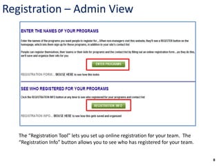 Registration – Admin View




   The “Registration Tool” lets you set up online registration for your team. The
   “Registration Info” button allows you to see who has registered for your team.


                                                                                    8
 