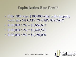 Capitalization Rate Cont’d

• If the NOI were $100,000 what is the property
  worth at a 6% CAP? 7% CAP? 8% CAP?
• $100,00...