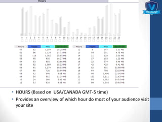 • HOURS (Based on USA/CANADA GMT-5 time)
• Provides an overview of which hour do most of your audience visit
your site
 