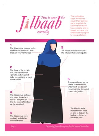 J lbaab
                                                                       The obligation
                                   How to wear            the          upon women to
                                                                       cover their private
                                                                       parts in public is
                                                                       known from Islam
                                                                       by necessity and is
                                                                       based on clear cut
                                 correctly                             evidences not open
                                                                       to interpretation.




1
The jilbaab must be worn under                             5
the khimaar (headscarf ) from                              The jilbaab must be worn over
the neck down to the feet                                  the other clothes when in public




2
The shape of the body is
also considered ‘awrah
 (private parts required
to be covered) and so must
not be visible.                                                    6
                                                                   The material must not be
                                                                   so thin that the clothes
                                                                   underneath can be seen
                                                                   nor should it be decorated
3                                                                  or a dazzling colour
The jilbaab must be loose
and barrel shaped and
mustn’t be tight such
that the shape of the body
can be identified

                                                                       The Jilbaab can be
                                                                       more than one piece
4                                                                      as long as it covers the
The jilbaab must cover                                                 body and clothes as
the body and clothes                                                   described here
down to the feet


Page 1                                 See overleaf for evidences from the Qur’an and Sunnah 
 