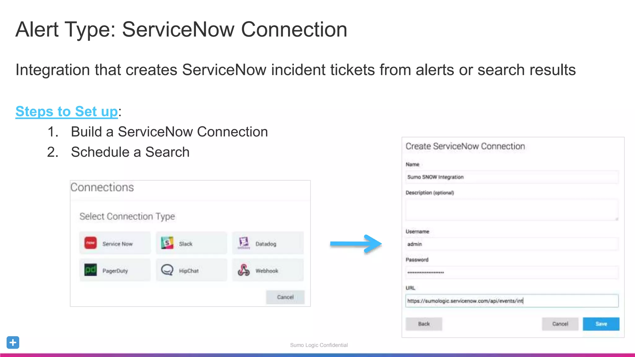 Sumo Logic Confidential
Alert Type: ServiceNow Connection
Integration that creates ServiceNow incident tickets from alerts or search results
Steps to Set up:
1. Build a ServiceNow Connection
2. Schedule a Search
 