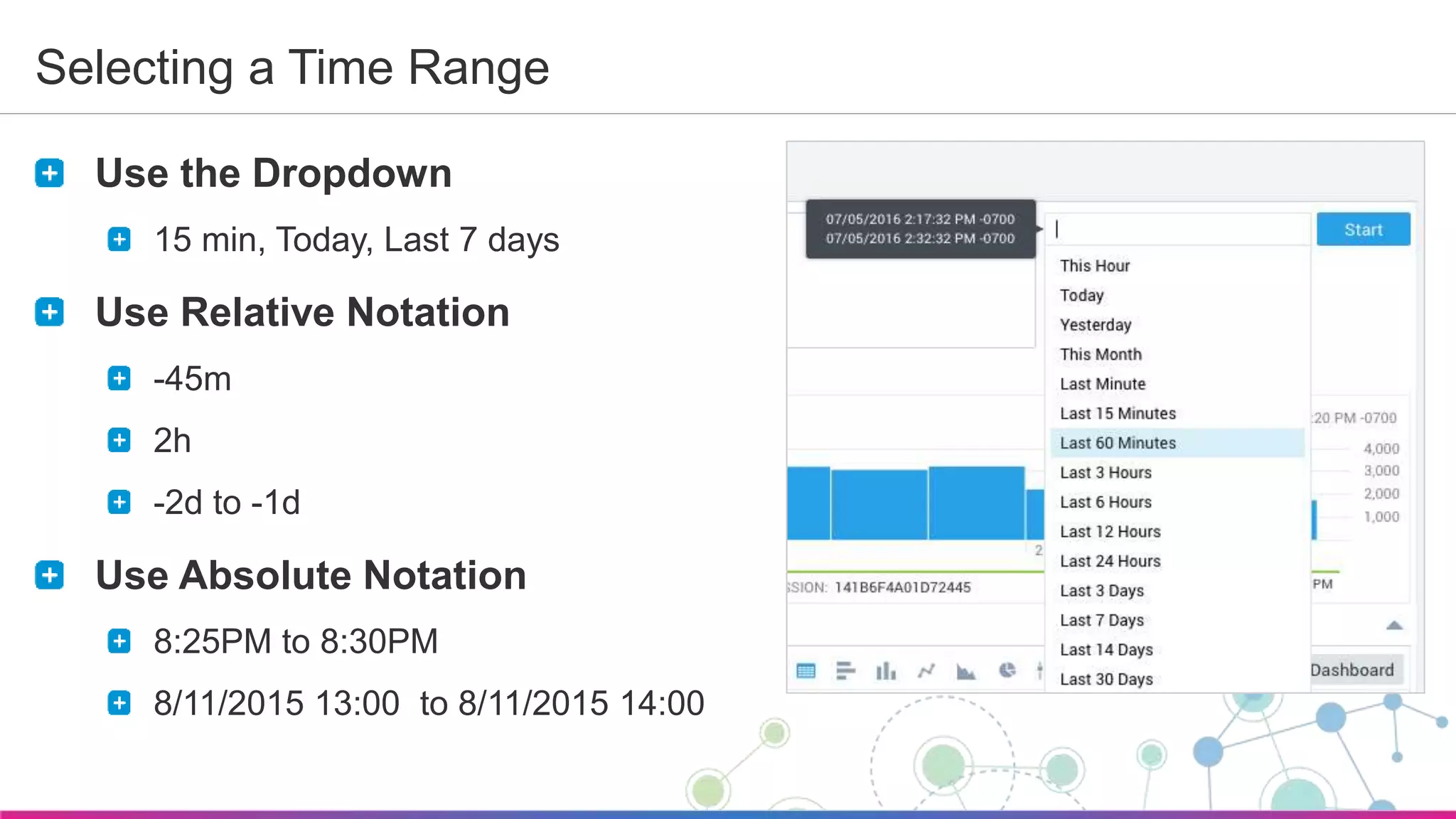 Sumo Logic Confidential
Selecting a Time Range
Use the Dropdown
15 min, Today, Last 7 days
Use Relative Notation
-45m
2h
-2d to -1d
Use Absolute Notation
8:25PM to 8:30PM
8/11/2015 13:00 to 8/11/2015 14:00
 