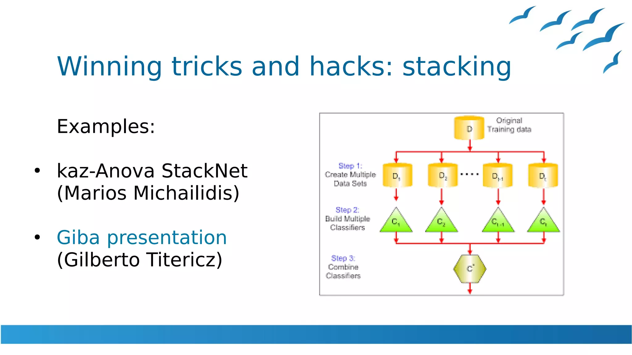 Winning tricks and hacks: stacking
Examples:
●
kaz-Anova StackNet
(Marios Michailidis)
●
Giba presentation
(Gilberto Titericz)
 