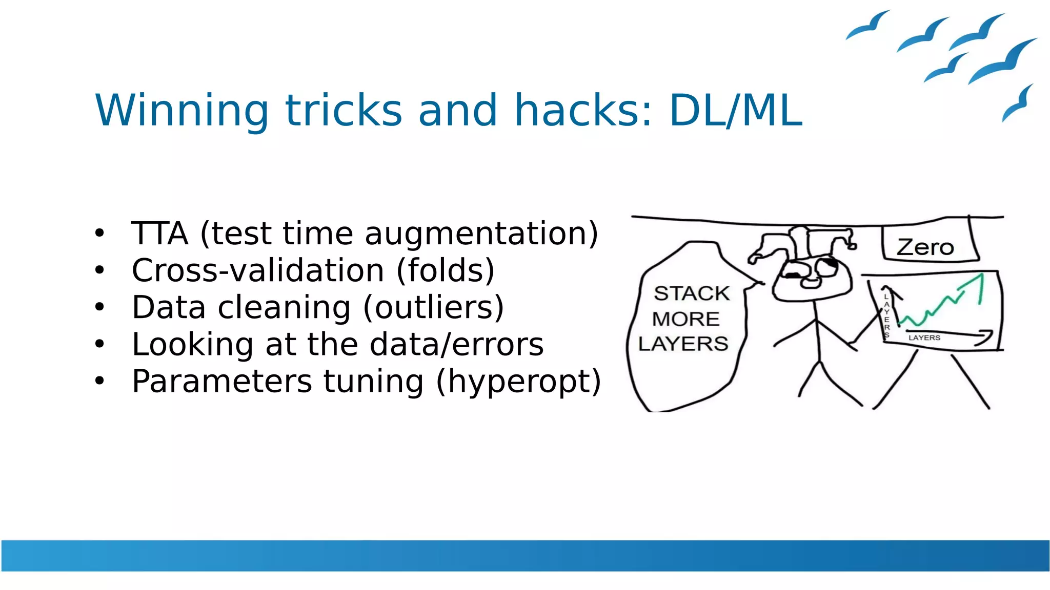 Winning tricks and hacks: DL/ML
●
TTA (test time augmentation)
●
Cross-validation (folds)
●
Data cleaning (outliers)
●
Looking at the data/errors
●
Parameters tuning (hyperopt)
 