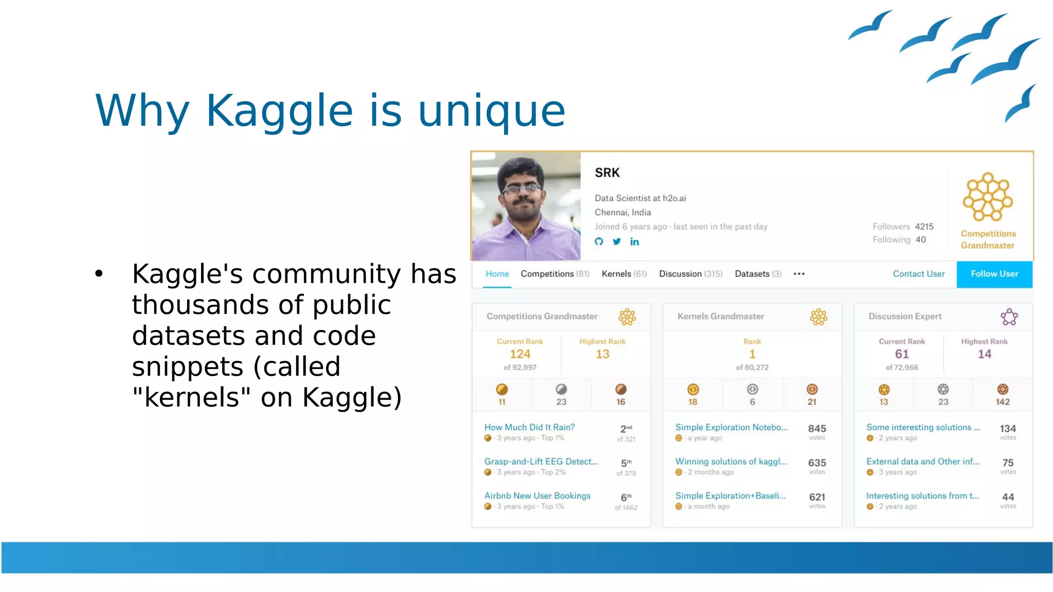 Why Kaggle is unique
●
Kaggle's community has
thousands of public
datasets and code
snippets (called
"kernels" on Kaggle)
 