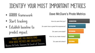 IDENTIFY YOUR MOST IMPORTANT METRICS
• AARRR framework
• Start tracking
• Establish baseline to
predict impact
 