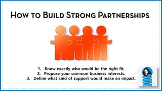 3
1. Know exactly who would be the right fit.
2. Propose your common business interests.
3. Define what kind of support would make an impact.
 