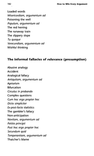 182 How to Win Every Argument
Loaded words
Misericordiam, argumentum ad
Poisoning the well
Populum, argumentum ad
The red herring
The runaway train
The slippery slope
Tu quoque
Verecundiam, argumentum ad
Wishful thinking
The informal fallacies of relevance (presumption)
Abusive analogy
Accident
Analogical fallacy
Antiquitam, argumentum ad
Apriorism
Bifurcation
Circulus in probando
Complex questions
Cum hoc ergo propter hoc
Dicto simpliciter
Ex-post-facto statistics
The gambler's fallacy
Non-anticipation
Novitam, argumentum ad
Petitio principii
Post hoc ergo propter hoc
Secundum quid
Temperantiam, argumentum ad
Thatcher's blame
 