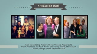 MY HACKATHON TEAMS
Team Sarcastic Pig, People’s Choice Winners, August 2013
Which Blockhead Are You?, Most Commercially Vi...