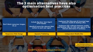 #seo2017 in #CCDK17 by @aleyda from @orainti
The 3 main alternatives have also  
optimisation best practices
Don’t block resources: images,
css, js
Include the Vary: User-Agent  
HTTP header
Identify & serve the relevant Web
version to each user agent
Implement Rel Alternate & Canonical tags
between mobile & desktop URLs 
 
Implement 301 redirects between mobile
and desktop URLs to refer user agents to the
relevant alternative if necessary
https://developers.google.com/
webmasters/mobile-sites/mobile-seo/
Responsive Web Design Dynamic Publishing Independent Mobile Site
 