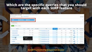#seo2017 in #CCDK17 by @aleyda from @orainti
Which are the speciﬁc queries that you should
target with each SERP feature
 