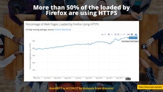 #seo2017 in #CCDK17 by @aleyda from @orainti
https://letsencrypt.org/stats/
More than 50% of the loaded by
Firefox are using HTTPS
 