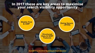 #seo2017 in #CCDK17 by @aleyda from @orainti
In 2017 these are key areas to maximise  
your search visibility opportunity
Mobile First  
& AMP
Structured
Data & SERP
Features
Going Secure
- HTTPS
 