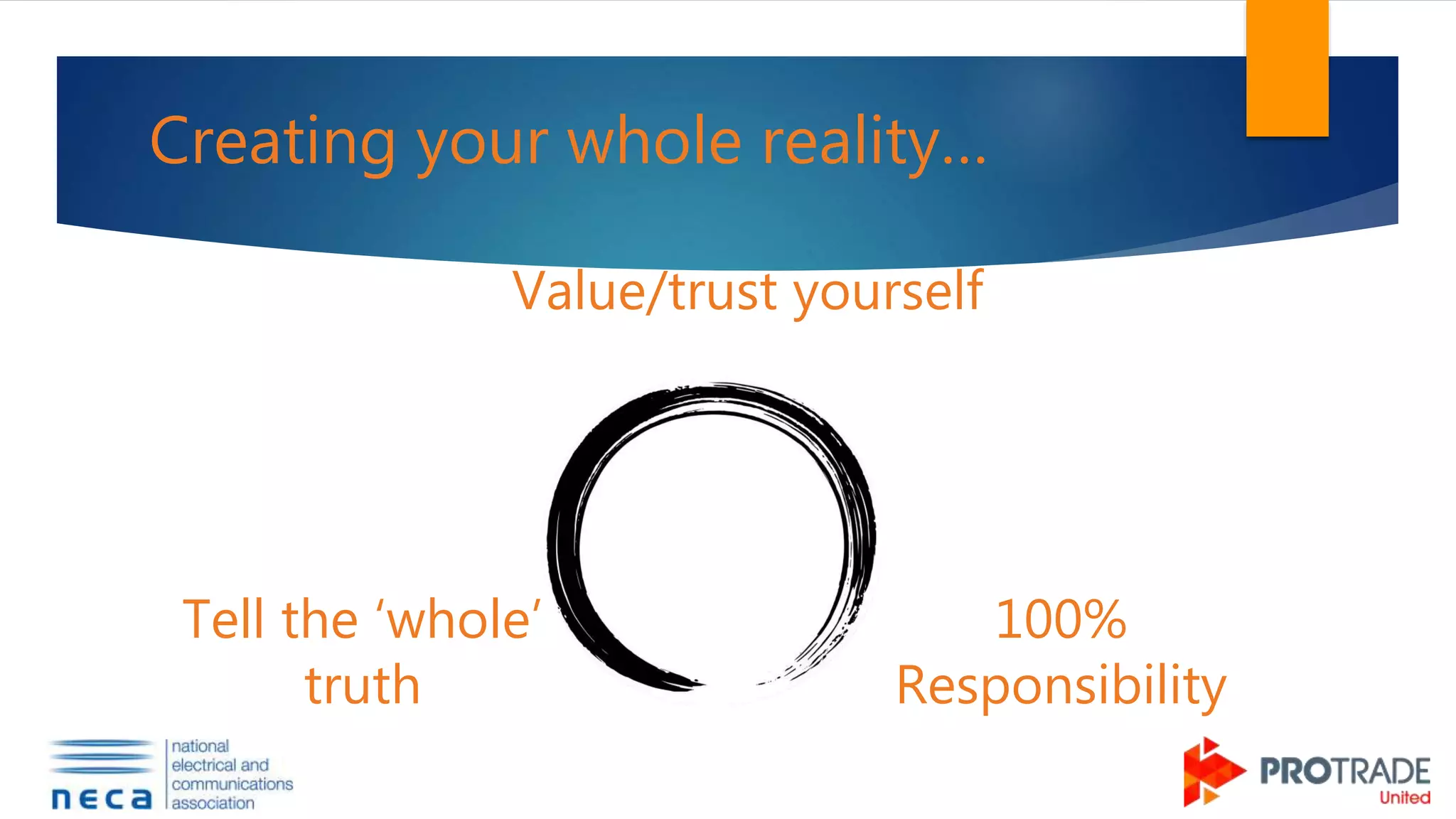 Creating your whole reality…
Value/trust yourself
Tell the ‘whole’
truth
100%
Responsibility
 