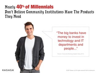 © 2017 Kasasa, Ltd. All rights reserved. Not for distribution.
Value and Quality Drive Shopping
Base: Millennial Women
Source: CEB Iconoculture IdeaLab Millennial Women, February 2015.
QP1a: When shopping for (…), how important are each of the following in making your
purchase decisions?
Saves me money
High quality
Serves a purpose
Saves me time
Supports good health
Health & Beauty
Customized to my
needs as a woman
Customized to my
needs as a mother
Saves me money
High quality
Serves a purpose
Clothing, Shoes &
Accessories
Customized to my
needs as a mother
High quality
Supports good health
Saves me money
Serves a purpose
Food Products &
Groceries
Fun to use
Saves me time
High quality
Saves me money
Serves a purpose
Electronics
Note: Ranks are based on those who assigned a 4 or 5 on a 5-
point scale, where 1 means “not at all important” and 5 means
“very important.”
Of 16 purchase motivators, 1 is the strongest and 14 is the
weakest.
1
2
3
4
5
 