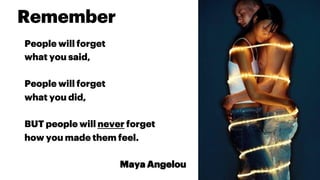 People will forget
what you said,
People will forget
what you did,
BUT people will never forget
how you made them feel.
Maya Angelou
Remember
 