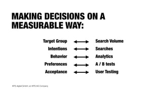 KPS digital GmbH, an KPS AG Company
MAKING DECISIONS ON A
MEASURABLE WAY:
Target Group
Intentions
Behavior
Preferences
Acceptance
Search Volume
Searches
Analytics
A / B tests
User Testing
 