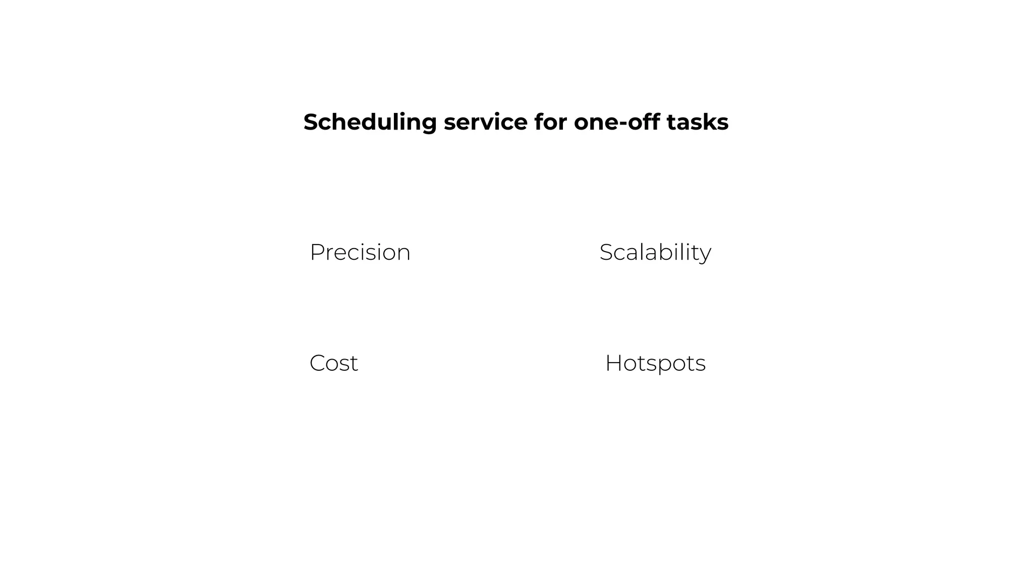 Scheduling service for one-off tasks
Precision
Cost
Scalability
Hotspots
 
