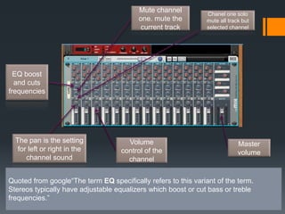 The pan is the setting
for left or right in the
channel sound
Volume
control of the
channel
EQ boost
and cuts
frequencies
Master
volume
Mute channel
one. mute the
current track
Chanel one solo
mute all track but
selected channel
Quoted from google“The term EQ specifically refers to this variant of the term.
Stereos typically have adjustable equalizers which boost or cut bass or treble
frequencies.”
 