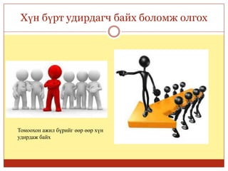 Хүн бүрт удирдагч байх боломж олгох
Томоохон ажил бүрийг өөр өөр хүн
удирдаж байх
 
