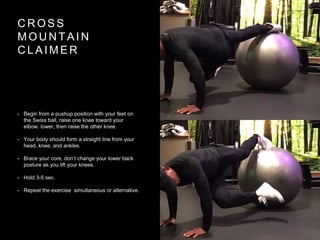 C R O S S
M O U N T A I N
C L A I M E R
• Begin from a pushup position with your feet on
the Swiss ball, raise one knee toward your
elbow. lower, then raise the other knee.
• Your body should form a straight line from your
head, knee, and ankles.
• Brace your core, don’t change your lower back
posture as you lift your knees.
• Hold 3-5 sec.
• Repeat the exercise simultaneous or alternative.
 