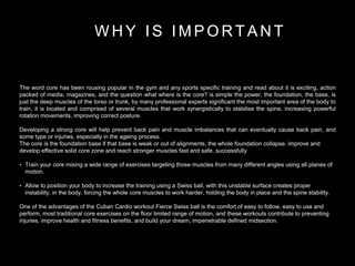 W H Y I S I M P O R T A N T
The word core has been rousing popular in the gym and any sports specific training and read about it is exciting, action
packed of media, magazines, and the question what where is the core? is simple the power, the foundation, the base, is
just the deep muscles of the torso or trunk, by many professional experts significant the most important area of the body to
train, it is located and comprised of several muscles that work synergistically to stabilise the spine, increasing powerful
rotation movements, improving correct posture.
Developing a strong core will help prevent back pain and muscle imbalances that can eventually cause back pain, and
some type or injuries, especially in the ageing process.
The core is the foundation base if that base is weak or out of alignments, the whole foundation collapse. improve and
develop effective solid core zone and reach stronger muscles fast and safe, successfully
• Train your core mixing a wide range of exercises targeting those muscles from many different angles using all planes of
motion.
• Allow to position your body to increase the training using a Swiss ball, with this unstable surface creates proper
instability, in the body, forcing the whole core muscles to work harder, holding the body in place and the spine stability.
One of the advantages of the Cuban Cardio workout Fierce Swiss ball is the comfort of easy to follow, easy to use and
perform, most traditional core exercises on the floor limited range of motion, and these workouts contribute to preventing
injuries, improve health and fitness benefits, and build your dream, impenetrable defined midsection.
 