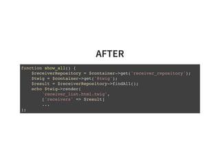 BEFORE
function show_all()
{
$db = connect_to_db();
$sql = 'SELECT * FROM mail_sender';
$result = mysql_query($sql) or die(mysql_error());
while ($row = mysql_fetch_array($result)) {
//echo 'ID: ' . $row['id'] . ', mail: ' . $row['mail'];
echo ''.$row['mail'].'';
echo '<form id="'.$row['id'].'" name="n_ID" method="POST" action="mai
<input type="hidden" name="id" value="'.$row['id'].'" />
<input type="submit" name="delete" value="Usuń" />
</form>';
}
...
mysql_free_result($result);
mysql_close($db);
}
 