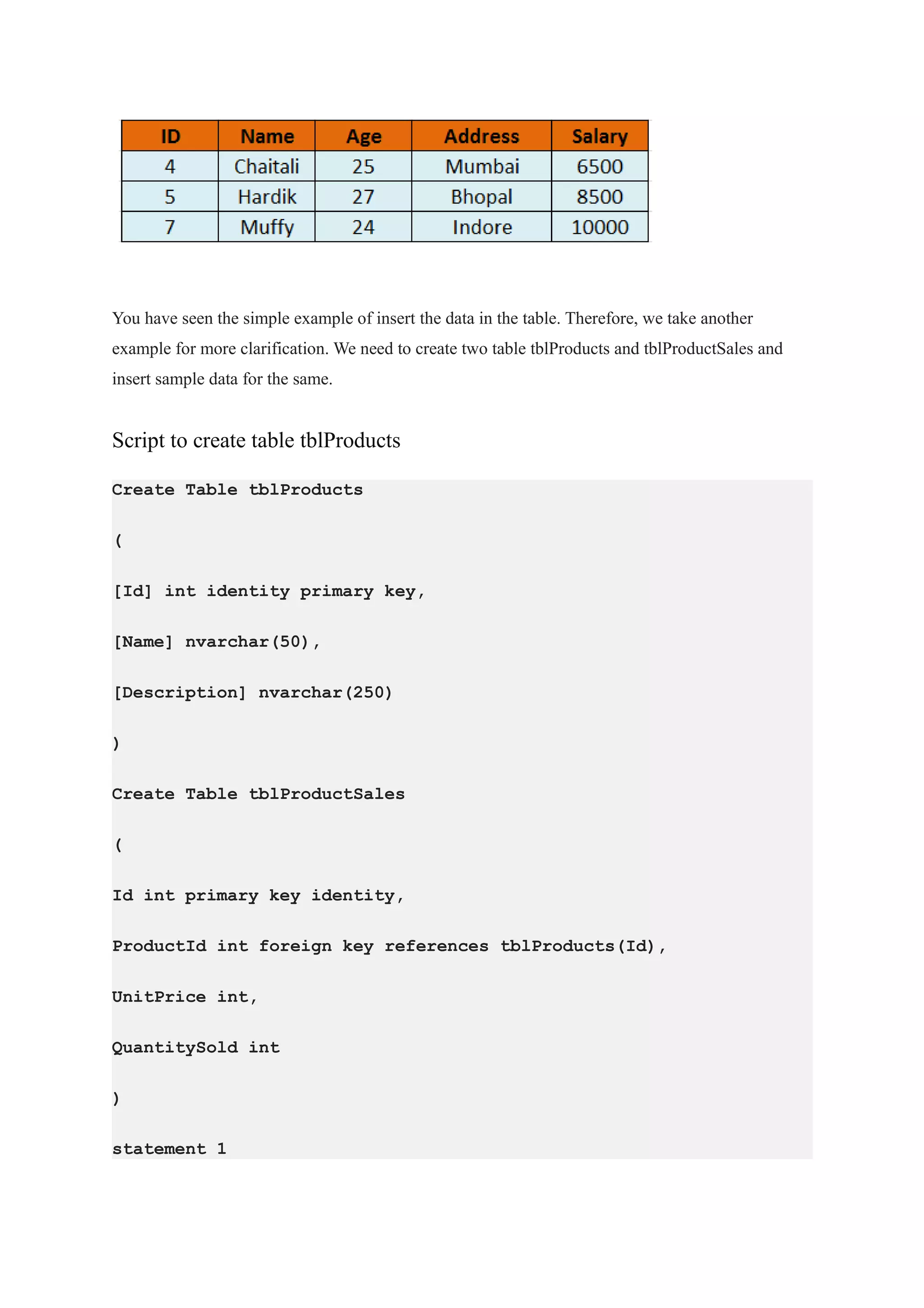 You have seen the simple example of insert the data in the table. Therefore, we take another
example for more clarification. We need to create two table tblProducts and tblProductSales and
insert sample data for the same.
Script to create table tblProducts
Create Table tblProducts
(
[Id] int identity primary key,
[Name] nvarchar(50),
[Description] nvarchar(250)
)
Create Table tblProductSales
(
Id int primary key identity,
ProductId int foreign key references tblProducts(Id),
UnitPrice int,
QuantitySold int
)
statement 1
 
