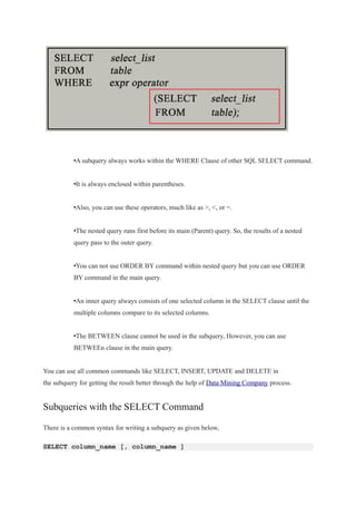 How to work with Subquery in Data Mining? | PDF