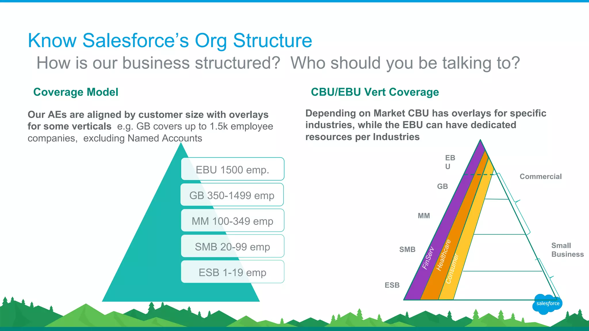 Know Salesforce’s Org Structure
​Coverage Model
Our AEs are aligned by customer size with overlays
for some verticals e.g. GB covers up to 1.5k employee
companies, excluding Named Accounts
​CBU/EBU Vert Coverage
Depending on Market CBU has overlays for specific
industries, while the EBU can have dedicated
resources per Industries
​How is our business structured? Who should you be talking to?
FinServ
Healthcare
EB
U
GB
MM
SMB
ESB
Commercial
Small
Business
Consumer
EBU 1500 emp.
GB 350-1499 emp
MM 100-349 emp
SMB 20-99 emp
ESB 1-19 emp
 