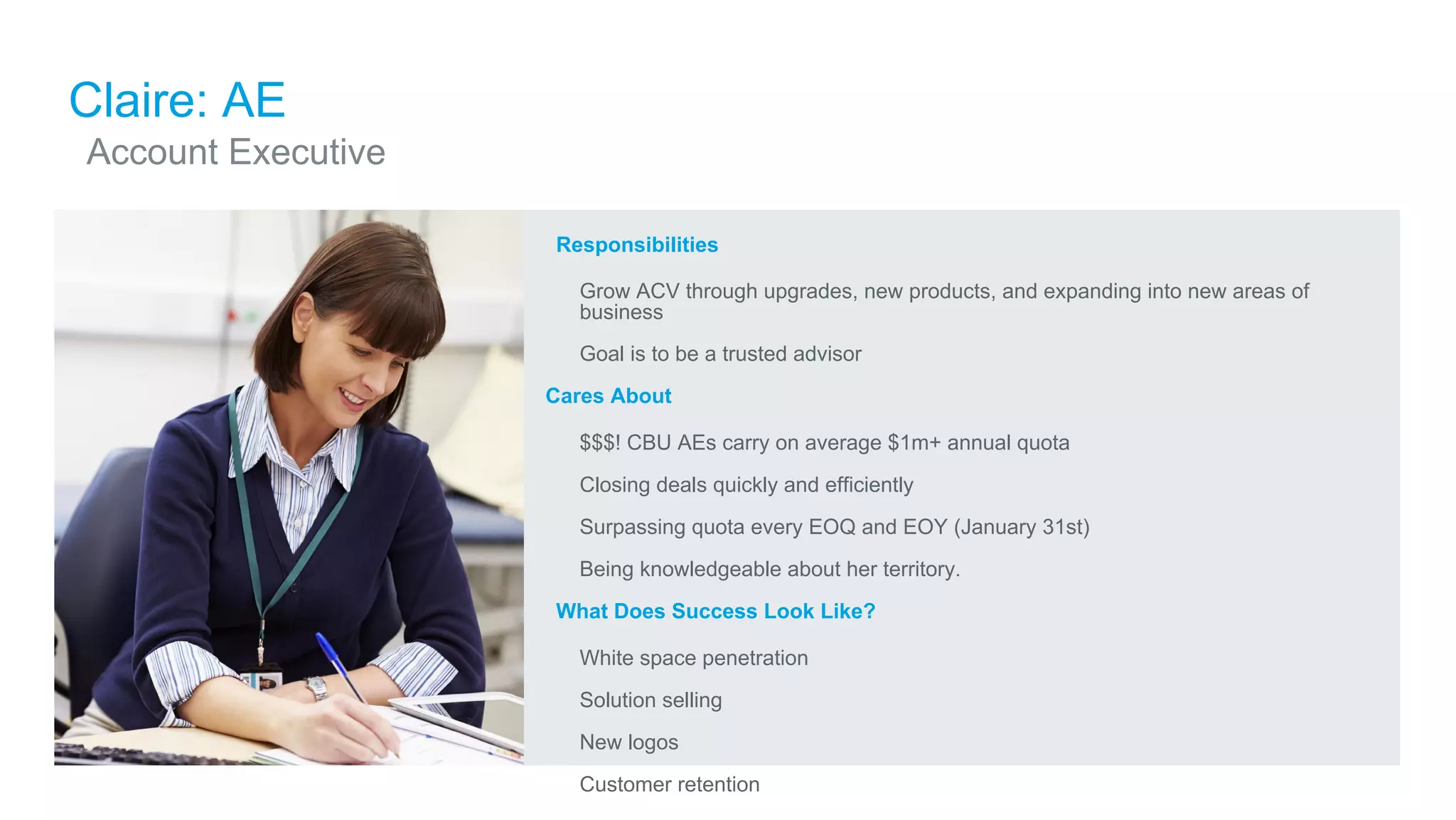 ​Responsibilities
​ Grow ACV through upgrades, new products, and expanding into new areas of
business
​ Goal is to be a trusted advisor
Cares About
​ $$$! CBU AEs carry on average $1m+ annual quota
​ Closing deals quickly and efficiently
​ Surpassing quota every EOQ and EOY (January 31st)
​ Being knowledgeable about her territory.
​What Does Success Look Like?
​ White space penetration
​ Solution selling
​ New logos
​ Customer retention
Claire: AE
​Account Executive
 