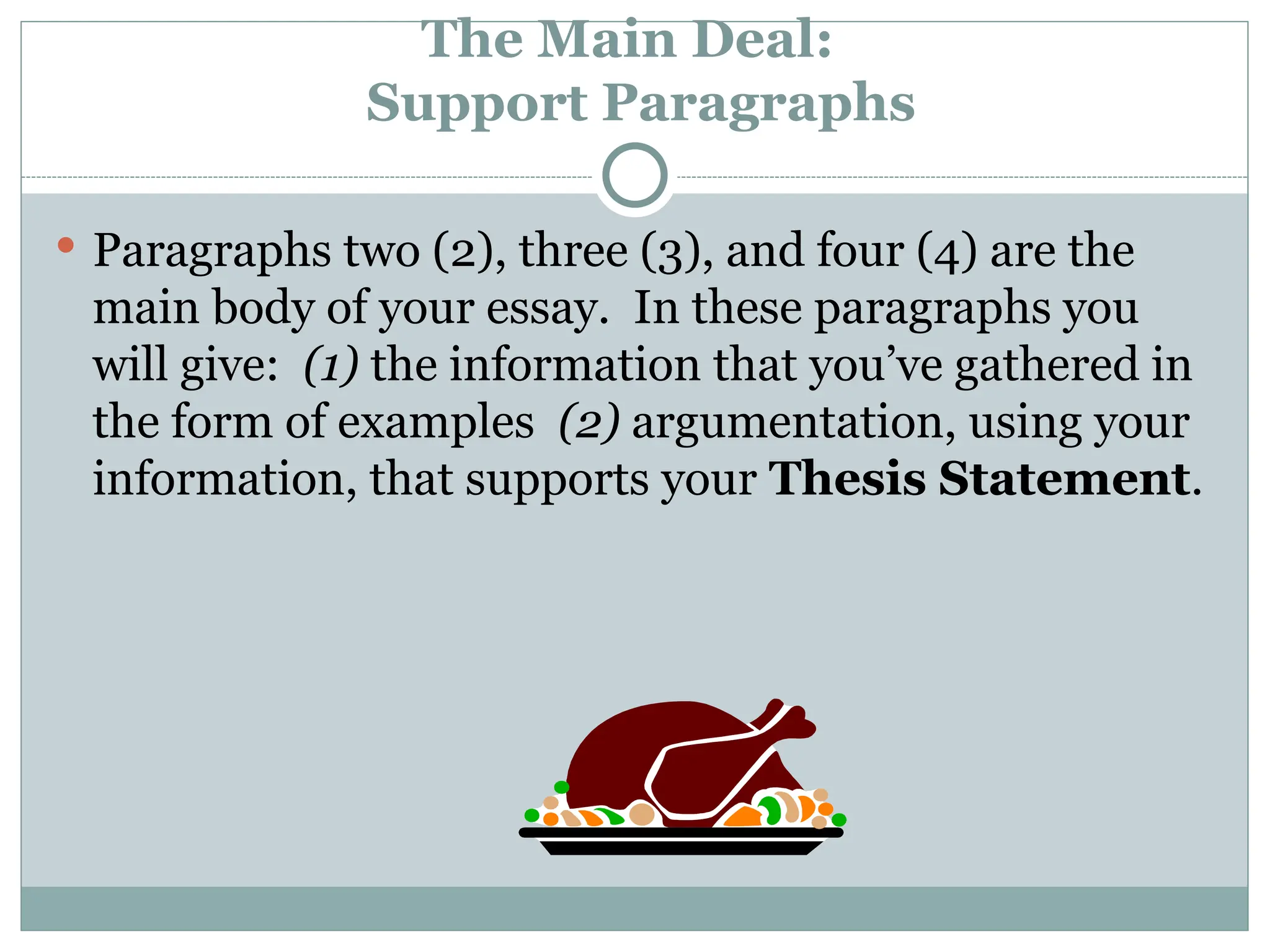 The Main Deal:
Support Paragraphs
 Paragraphs two (2), three (3), and four (4) are the
main body of your essay. In these paragraphs you
will give: (1) the information that you’ve gathered in
the form of examples (2) argumentation, using your
information, that supports your Thesis Statement.
 