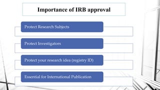 Importance of IRB approval
Protect Research Subjects
Protect Investigators
Protect your research idea (registry ID)
Essential for International Publication
 