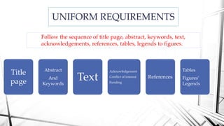 UNIFORM REQUIREMENTS
Follow the sequence of title page, abstract, keywords, text,
acknowledgements, references, tables, legends to figures.
Title
page
Abstract
And
Keywords
Text
Acknowledgement
Conflict of interest
Funding
References
Tables
Figures’
Legends
 