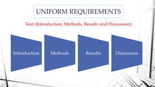 UNIFORM REQUIREMENTS
Text (Introduction, Methods, Results and Discussion)
Introduction Methods Results Discussion
 