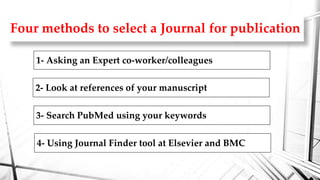 Four methods to select a Journal for publication
1- Asking an Expert co-worker/colleagues
2- Look at references of your manuscript
3- Search PubMed using your keywords
4- Using Journal Finder tool at Elsevier and BMC
 